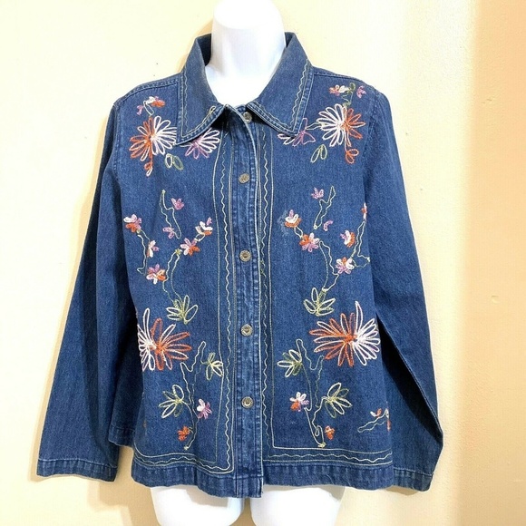 Cactus Flower Embroidered Denim Shirt Size M T12E - Picture 1 of 6